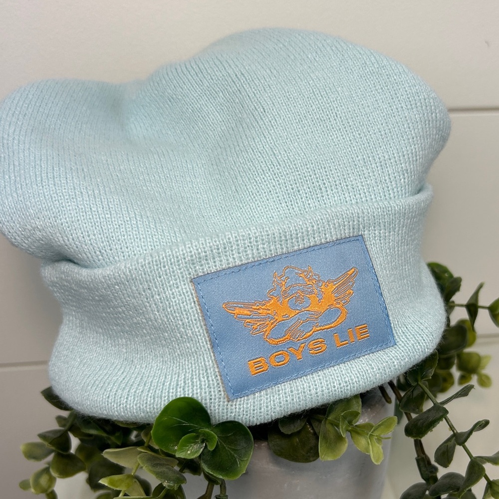 Boys Lie Beanie In Light Blue with Orange Logo Patch